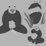  2023 anthro balls bear belly big_belly bodily_fluids butt chancellorchomb cum dreamworks ejaculation genital_fluids genitals giant_panda hi_res kung_fu_panda male mammal master_po_ping moobs multiple_poses musical_note overweight overweight_male penis pose sitting solo 
