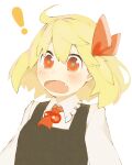  ! 1girl bangs black_vest blonde_hair citrus_(place) fang green_pupils hair_ribbon medium_hair open_mouth red_eyes red_ribbon ribbon rumia shirt simple_background solo tagme touhou upper_body vest white_background white_shirt 