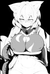  1girl animal_ears arm_under_breasts bangs blush breasts closed_mouth commentary fox_ears fox_tail greyscale groin highres large_breasts looking_to_the_side medium_hair midriff mizuga monochrome navel no_panties solo sweat symbol-only_commentary tail touhou yakumo_ran 