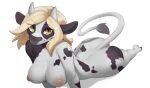  2023 anthro blonde_hair bovid bovine breasts cattle digital_media_(artwork) female fur hair hi_res hooves long_hair looking_at_viewer mammal multicolored_body multicolored_fur nipples nude smile solo two_tone_body two_tone_fur woolrool yellow_eyes 