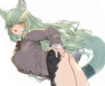  1girl animal_ear_fluff animal_ears arknights ass bow bowtie cardigan cat_ears cat_girl cat_tail collared_shirt green_eyes grey_cardigan hand_on_hip harmonie_(arknights) infection_monitor_(arknights) kochiya_(gothope) long_hair long_sleeves miniskirt pleated_skirt shirt skirt tail tail_ornament tail_ring white_background white_shirt 
