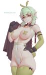  1girl absurdres animal_ears black_gloves breasts covered_navel cross_pasties elf fake_animal_ears gloves goblin_slayer! green_eyes green_hair green_thighhighs hair_between_eyes hand_on_hip high_elf_archer_(goblin_slayer!) highres large_breasts looking_at_viewer melowh navel pasties patreon_username playboy_bunny pointy_ears rabbit_ears simple_background solo standing thighhighs thighs white_background 