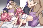  1boy 2girls all_fours ass_grab bangs black_hair black_pants blush breasts clothes_lift commentary_request dark-skinned_male dark_skin doggystyle genshin_impact hair_ornament hella_p kiss korean_commentary large_breasts long_hair multiple_girls nipples open_mouth pants pillow pink_hair purple_eyes purple_hair purple_pants raiden_shogun sex sex_from_behind shirt shirt_lift short_sleeves tongue tongue_out white_shirt yae_miko yoga_pants 