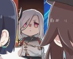  3girls bangs blue_hair brown_hair commentary genshin_impact glowing glowing_eyes hair_ornament hu_tao_(genshin_impact) long_hair looking_at_viewer multiple_girls shenhe_(genshin_impact) shirt symbol-only_commentary upper_body white_hair white_shirt xinzoruo yelan_(genshin_impact) 