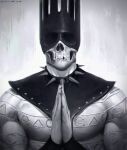  1other collar deimos_art facing_viewer grey_background greyscale highres jojo_no_kimyou_na_bouken monochrome non-web_source own_hands_together praying simple_background skull solo spiked_collar spikes stand_(jojo) stone_ocean upper_body whitesnake_(stand) 