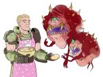  2020 apron armor blonde_hair bodily_fluids bowl cacodemon clothing container demon digital_drawing_(artwork) digital_media_(artwork) doom_(series) doom_slayer eyebrows eyes_closed food green_armor green_clothing green_eyes group hair holding_bowl holding_container holding_object human id_software male mammal open_mouth pink_apron plant potato simple_background spikes spikes_(anatomy) tears teeth trio vegetable white_background y-lindermann 