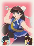  1990s_(style) 1boy 1girl bandolier blue_eyes blush breasts brown_hair chibi chibi_inset commentary_request curvy full-face_blush highres holding holding_spatula japanese_clothes kuonji_ukyou large_breasts long_hair low_ponytail mage_(harumagedon) ranma_1/2 retro_artstyle saotome_ranma solo_focus spatula 