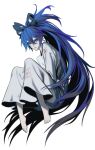  1girl absurdly_long_hair barefoot blue_bow blue_eyes blue_hair bow closed_mouth crossed_arms debt expressionless fetal_position hair_between_eyes hair_bow long_hair long_sleeves looking_at_viewer namekuzi simple_background solo touhou very_long_hair white_background yorigami_shion 