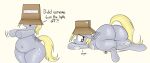  absurd_res belly big_butt blitzyflair blonde_hair box butt container cutie_mark derpy_hooves_(mlp) dialogue equid equine feathered_wings feathers female friendship_is_magic grey_body grey_feathers hair hasbro hi_res hooves letter lying mammal my_little_pony navel open_mouth pegasus semi-anthro simple_background slightly_chubby standing tail thick_thighs white_background wide_hips wings yellow_eyes yellow_tail 