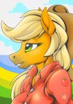  2022 anthro anthrofied applejack_(mlp) blonde_hair bust_portrait clothing cowboy_hat digital_media_(artwork) dipstick_ears earth_pony equid equine eyebrows eyelashes friendship_is_magic green_eyes hair hasbro hat headgear headwear hi_res horse long_hair mammal multicolored_ears my_little_pony mysticalpha orange_body pony portrait signature smile solo 