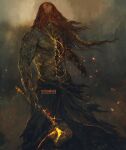  1boy closed_mouth covering_face cracked_skin elden_ring great_rune_(elden_ring) hammer highres holding holding_hammer hole_in_chest hole_on_body long_hair radagon_of_the_golden_order red_hair shimhaq signature topless_male waist_cape 