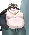  2023 anthro avian belly big_belly bird black_body bottomwear bulge clothing dragon_night800 hi_res humanoid_hands kemono male moobs nipples overweight overweight_male pants penguin scar solo tattoo white_body 