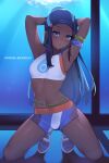  1girl arms_behind_head arms_up black_hair blue_eyes blue_eyeshadow blue_hair breasts crop_top dark-skinned_female dark_skin earrings eyeshadow highres hoop_earrings jewelry long_hair looking_at_viewer makeup multicolored_hair navel nessa_(pokemon) pokemon pokemon_(game) pokemon_swsh r0cketcat sandals shorts small_breasts solo spread_legs squatting streaked_hair 