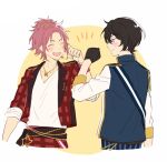  2boys arm_bump bangs bangs_pinned_back black_gloves black_hair closed_eyes ensemble_stars! gloves high_collar isara_mao jacket jewelry light_blush long_sleeves multiple_boys necklace open_clothes open_jacket open_mouth pink_hair red_eyes sakuma_ritsu seuga shirt short_hair simple_background sleeves_rolled_up smile star_(symbol) striped teeth upper_body upper_teeth_only v-neck vertical_stripes white_background white_shirt 