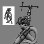  alien claws clothing curved_horn eyeless hammer hand_on_butt hi_res holding_melee_weapon holding_object holding_weapon horn humanoid lingerie male meandraco mechanical_arm melee_weapon monochrome monster panties pose robotic_arm sharp_claws sharp_teeth solo tail teeth tools underwear warhammer weapon 