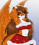  anthro arms_above_head bottomwear brown_hair closed_smile clothing costume dragon female fur hair hands_behind_head hi_res horn long_hair membrane_(anatomy) membranous_wings red_body red_clothing red_fur santa_costume skirt smile smiley_face solo volodyanocturne werefox_(character) white_horn wings 