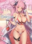  1girl bag bangs bare_shoulders between_breasts blush breasts cherry_blossoms collarbone commentary_request copyright_name cuboon day evertale gloves halterneck hand_up highres holding horns large_breasts logo long_hair looking_at_viewer navel official_art outdoors panties parted_lips petals pink_eyes pink_hair pointy_ears rei_(evertale) shiny shiny_hair shiny_skin sidelocks simple_background solo stomach thigh_strap thighs tree twintails underwear wide_sleeves 