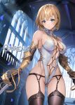  1girl arm_guards ass_visible_through_thighs bangs bare_shoulders breasts commentary_request copyright_name elbow_gloves evertale fishnets gloves green_eyes highleg highleg_leotard highres holding holding_sword holding_weapon indoors lancelot_(evertale) leotard light_brown_hair logo looking_at_viewer medium_breasts navel o-ring official_art parted_lips petals sage_joh shiny shiny_clothes shiny_hair short_hair simple_background solo stomach sword thighhighs turtleneck weapon 