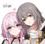  2girls :o ^^^ bangs black_choker black_gloves blue_eyes blurry camera chibi chibi_inset chinese_commentary choker commentary_request covering_mouth depth_of_field earrings gloves grey_hair hair_between_eyes hand_on_another&#039;s_shoulder head_tilt heads_together heart holding holding_camera honkai:_star_rail honkai_(series) jewelry looking_at_viewer march_7th_(honkai:_star_rail) medium_hair multicolored_eyes multiple_girls parted_lips pink_eyes pink_hair portrait shirt side-by-side simple_background single_earring smile star_(symbol) trailblazer_(honkai:_star_rail) trailblazer_(honkai:_star_rail)_(female) v white_background white_shirt yajuu yellow_eyes 