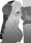  1girl blush breast_curtains breasts bulge erection erection_under_clothes greyscale hetero horns indie_virtual_youtuber inori_marie large_breasts monochrome sheep_horns simple_background solo_focus terazip white_background 