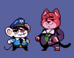  2016 anthro belly clothing digital_media_(artwork) duo felid feline goro_(mappy) male mammal mangneto mappy mappy_(character) mouse murid murine necktie pixel_(artwork) police_uniform red_nose rodent simple_background smug suit uniform 