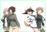  4girls animal_ears blonde_hair blue_one-piece_swimsuit blush border braid braided_ponytail breasts brown_eyes brown_hair closed_eyes dog_ears dog_tail dress green_border green_eyes hair_ribbon highres long_hair looking_at_another luminous_witches lynette_bishop medium_breasts military military_uniform miniskirt miyafuji_yoshika multiple_girls one-piece_swimsuit open_mouth ponytail ribbon sailor_dress shibuya_inori shiny shiny_hair short_hair simple_background skirt small_breasts smile strike_witches striped striped_thighhighs swimsuit tail thighhighs tricky_46 uniform virginia_robertson white_background world_witches_series yuri 