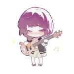  1girl bachi bangs bass_guitar black_bow black_jacket blunt_bangs blush bocchi_the_rock! bow braid chibi closed_mouth dress full_body geta green_dress hair_bow hair_over_shoulder highres hiroi_kikuri holding holding_instrument huang_ya_cai_rou_si_chao_niangao instrument jacket long_sleeves medium_dress multicolored_clothes multicolored_jacket musical_note one_eye_closed open_clothes open_jacket plectrum purple_eyes purple_hair simple_background single_braid solo two-tone_jacket white_background white_jacket 