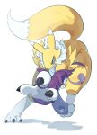  ambiguous_gender anthro armwear bandai_namco blue_eyes claws clothing digimon digimon_(species) dipstick_ears dipstick_tail female fur hi_res markings multicolored_ears renamon simple_background solo tail tail_markings white_background white_body white_fur yellow_body yellow_fur youzaiyouzai112 