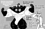  abs absurd_res anthro big_muscles bottomwear bovid bulge caprine clothing costume dex_(parttimeyeen) dialogue dumbbell duo felid feline flexing footwear gabriel_(parttimeyeen) goat hat headgear headwear hi_res horn huge_muscles huge_pecs hyper hyper_muscles male mammal muscular muscular_anthro muscular_arms muscular_legs muscular_male muscular_thighs pants parttimeyeen_(artist) profanity shirt shoes smile superhero_costume television tight_clothing toolbox topwear torn_clothing weights 