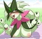  3_fingers anthro areola big_breasts blush breasts female fingers generation_9_pokemon gesture green_body hi_res looking_at_viewer lying meowscarada nintendo nipples open_mouth pokemon pokemon_(species) purple_eyes solo v_sign 