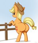  absurd_res andelai applejack_(mlp) big_butt blonde_hair butt clothing cowboy_hat cutie_mark digital_media_(artwork) dock earth_pony equid equine eyelashes female fence feral friendship_is_magic green_eyes hair hasbro hat headgear headwear hi_res horse looking_back mammal my_little_pony orange_body pony raised_tail solo tail yellow_tail 