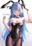  1girl ;p absurdres alternate_costume animal_ears armpits azur_lane bare_shoulders black_bow black_leotard black_ribbon blue_hair blush bow bowtie breasts cleavage commentary_request cowboy_shot detached_collar ear_pull fake_animal_ears hair_ribbon hands_up highres hip_focus leotard long_hair makihige medium_breasts neptune_(azur_lane) one_eye_closed pantyhose pulled_by_self rabbit_ears ribbon signature simple_background skin_tight solo standing thigh_gap thighs tongue tongue_out very_long_hair yellow_eyes 