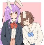  2girls alternate_costume animal_ears blue_bow bow bowtie brown_hair closed_eyes gykleo highres inaba_tewi jacket light_blush light_smile long_hair looking_at_viewer multiple_girls nose_bubble pink_background purple_hair rabbit_ears red_bow reisen_udongein_inaba shirt skirt sleeping touhou white_shirt 