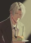  1boy black_necktie cake closed_mouth collared_shirt food glasses grey_hair grey_jacket highres holding holding_plate jacket looking_at_viewer male_focus necktie plate shirt short_hair smile tears_of_themis upper_body vyn_richter_(tears_of_themis) white_hair white_shirt yellow_eyes yuka1206_arts 