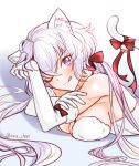 alternate_costume animal_ears axia-chan breasts cat_ears cat_tail cleavage closed_mouth elbow_gloves gloves grey_hair hair_ribbon highres large_breasts long_hair lying on_stomach one_eye_closed purple_eyes red_ribbon ribbon senki_zesshou_symphogear tail tail_ornament tail_ribbon tongue tongue_out twintails twitter_username white_gloves yukine_chris 