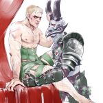  2020 armor blonde_hair clothing demon digital_drawing_(artwork) digital_media_(artwork) doom_(series) doom_slayer duo fishnet fishnet_legwear green_armor green_clothing grey_body grey_skin hair hi_res horn horn_grab human humanoid id_software legwear male male/male mammal marauder_(doom) nipples open_mouth red_eyes simple_background teeth white_background y-lindermann 