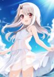  1girl absurdres bangs bare_shoulders blue_sky blush breasts dress fate/kaleid_liner_prisma_illya fate_(series) hair_between_eyes highres illyasviel_von_einzbern long_hair looking_at_viewer natopo_uni open_mouth red_eyes sidelocks sky small_breasts smile solo thighs white_dress white_hair 