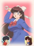  1990s_(style) 1boy 1girl blue_dress blue_eyes blush bow bowtie breasts brown_hair chibi chibi_inset commentary_request curvy dress full-face_blush highres holding holding_spatula kuonji_ukyou large_breasts long_hair mage_(harumagedon) ranma_1/2 red_bow red_bowtie retro_artstyle saotome_ranma solo_focus spatula 