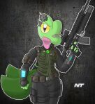  anthro assault_rifle belt black_clothing bulletproof_vest clothed clothing confident eyelashes female fern_shinamori flower flower_accessory flower_on_head fully_clothed generation_3_pokemon green_body green_clothing green_tail green_topwear green_vest grenade_launcher gun hi_res holding_gun holding_object holding_weapon holster jewelry looking_at_viewer necklace ninjatreecko nintendo nose_bandage plant pokemon pokemon_(species) pokemorph pouches ranged_weapon reptile rifle scalie shaded solo stealth_suit tagme tail topwear treecko utility_belt vest walking weapon weapon_on_back yellow_eyes 