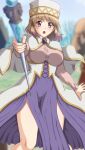  1girl :o aiming_at_viewer alicia_edelcia bangs blurry blurry_background blush breasts brown_hair capelet casting_spell dress hat headband highres holding holding_staff isekai_ojisan large_breasts long_sleeves looking_at_viewer m.i.y open_mouth outdoors pleated_dress puffy_sleeves purple_dress purple_eyes short_hair side_slit solo_focus staff standing two-tone_dress white_dress white_headband 