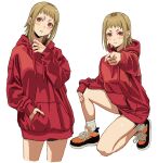  1girl absurdres blonde_hair chainsaw_man hand_in_pocket highres hood hoodie looking_at_viewer looking_to_the_side one_knee pointing pointing_at_another red_eyes red_hoodie sawatari_akane_(chainsaw_man) shiren_(ourboy83) short_hair short_shorts shorts simple_background slit_pupils solo white_background 