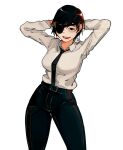  1girl arms_behind_head artist_name black_eyes black_hair black_necktie black_pants blupixl breasts chainsaw_man contrapposto cowboy eyepatch highres himeno_(chainsaw_man) large_breasts necktie open_mouth pants short_hair signature smile solo 