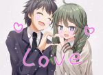  1boy 1girl :d @_@ ^_^ ahoge black_hair black_jacket black_necktie blue_eyes braid brown_cardigan cardigan closed_eyes collared_shirt commentary_request english_text face_filter green_hair green_necktie grey_background hair_over_shoulder heart heart_hands heart_hands_duo highres jacket long_hair low_twintails necktie nenosame princess_connect! school_uniform shirt simple_background smile twin_braids twintails upper_body white_shirt yuni_(princess_connect!) yuni_(real)_(princess_connect!) yuuki_(princess_connect!) 