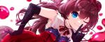  1girl animal_ears bangs blue_eyes blurry blurry_background bow breasts brooch brown_hair closed_mouth dress elbow_gloves gloves hair_bow highres ichinose_shiki idolmaster idolmaster_cinderella_girls jewelry long_hair looking_at_viewer medium_breasts nasan_(coldtime) one_eye_closed purple_gloves red_dress shirt sleeveless sleeveless_shirt smile white_shirt 