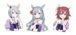  3girls 6crcg animal_ears bangs blue_hair blush bow bowtie braid brown_hair clenched_hands closed_mouth cropped_torso crown_braid flower green_eyes hair_flower hair_ornament hand_up hands_up horse_ears k.s.miracle_(umamusume) long_hair looking_at_viewer mejiro_ardan_(umamusume) multiple_girls open_mouth purple_eyes purple_shirt sailor_collar sakura_chiyono_o_(umamusume) school_uniform shirt short_hair short_sleeves smile tracen_school_uniform umamusume upper_body 