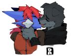  ambiguous/ambiguous ambiguous_gender anthro biped blue_body bodily_fluids canid canine canis clothing domestic_dog dragon duo eyes_closed french_kissing goonie-san grey_body hair hi_res hoodie kissing mammal red_hair signature simple_background sweat tongue tongue_out topwear white_background 