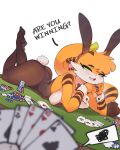  anthro big_breasts breast_squish breasts bunny_costume card clothed clothing costume dou_(diives) duo fake_ears fake_rabbit_ears felid female fur furniture hi_res legwear looking_at_viewer mammal multicolored_body multicolored_fur orange_body orange_fur pantherine playing_card poker poker_chip simple_background squish stripes sverhnovapony text tiger two_tone_body two_tone_fur white_body white_fur xingzuo_temple yellow_eyes 