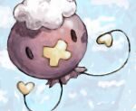  balloon black_eyes blue_sky cloud day drifloon english_commentary floating heart no_humans outdoors pokemon pokemon_(creature) sailorclef sky solid_oval_eyes solo 