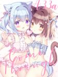  2girls :o animal_ear_fluff animal_ears ass azumi_kazuki bangs bare_shoulders blue_bow blue_bra blue_hair blue_panties blush bow bra braid breasts brown_eyes brown_hair cat_ears cat_girl cat_tail center_frills commentary_request detached_sleeves frilled_panties frills hair_between_eyes hair_bow hair_intakes heart highres holding multiple_girls navel open_mouth original panties parted_lips pink_bow pink_bra puffy_short_sleeves puffy_sleeves purple_eyes see-through see-through_sleeves short_sleeves small_breasts tail twintails underwear underwear_only white_panties wrist_cuffs 