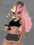  2023 anthro black_bottomwear black_clothing black_shorts black_topwear blonde_hair bottomwear breasts brown_body brown_fur brown_nose bughxgs clothing exercise eyelashes female fur generation_4_pokemon hair long_ears looking_down lopunny mammal nintendo phone pink_body pink_eyes pink_fur pink_hair pokemon pokemon_(species) scrunchie scut_tail short_tail shorts solo star tail topwear workout workout_clothing yellow_body yellow_fur 